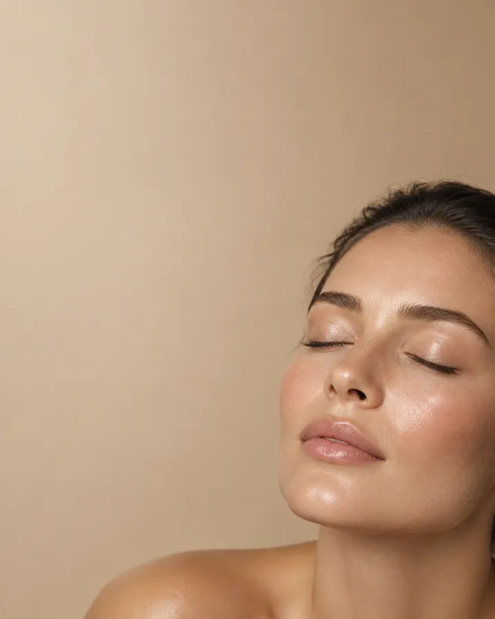 An editorial beauty close-up on a warm sand-coloured studio backdrop.