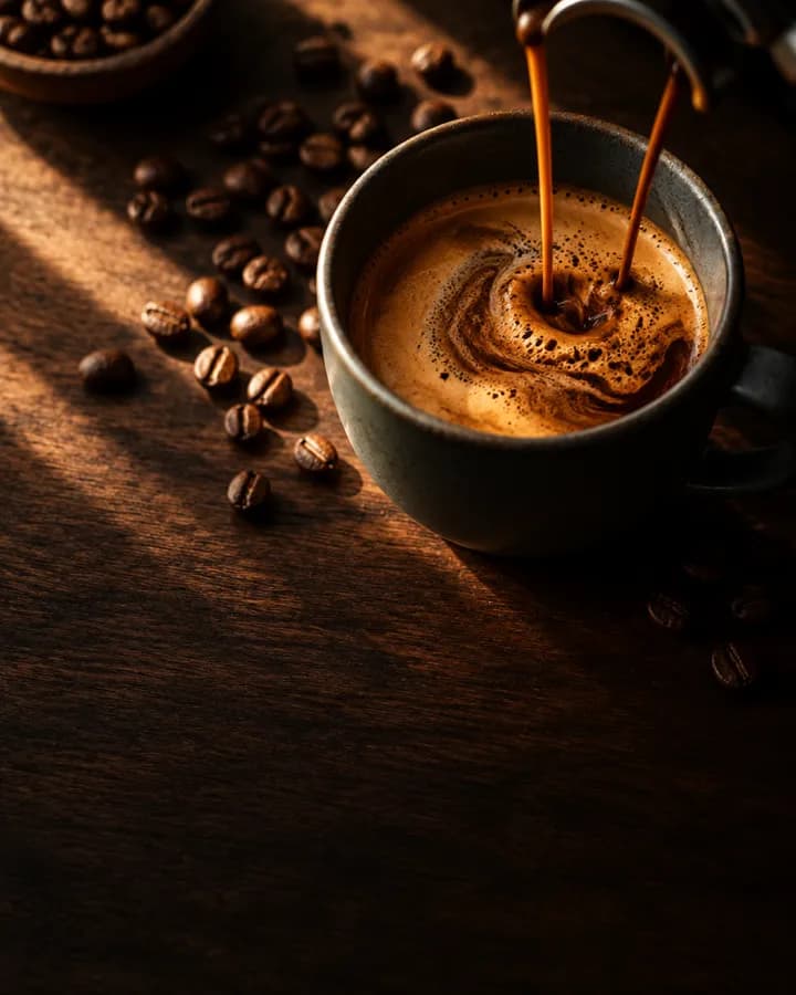 Espresso pouring into a matte ceramic cup on dark walnut, scattered coffee beans.