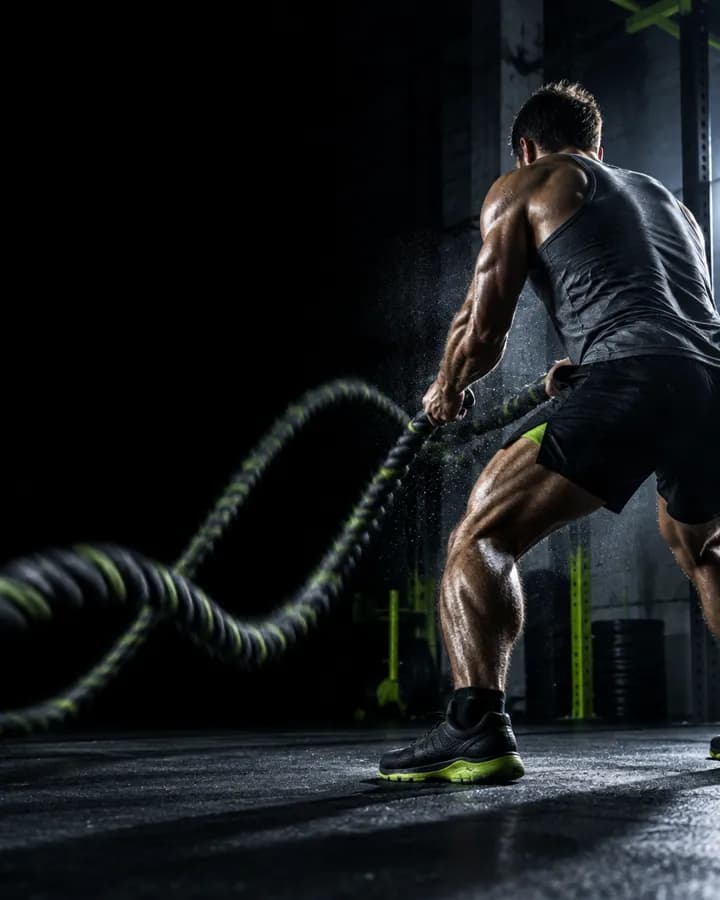 An athlete mid rope-slam in a dark gym, lit hard from the side.