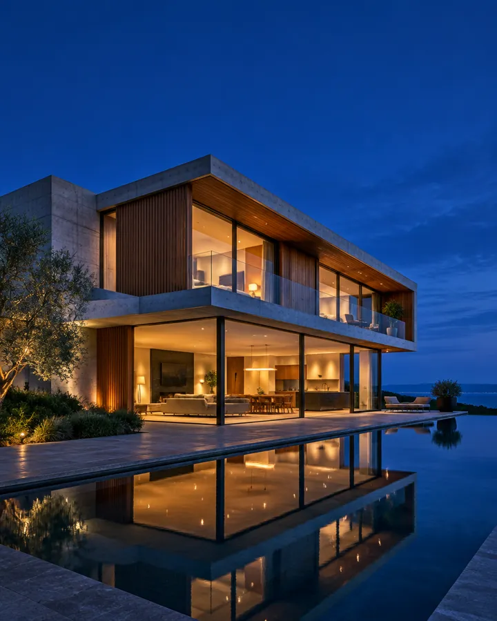 A modern glass and timber house lit from within at dusk, mirrored in a still pool.