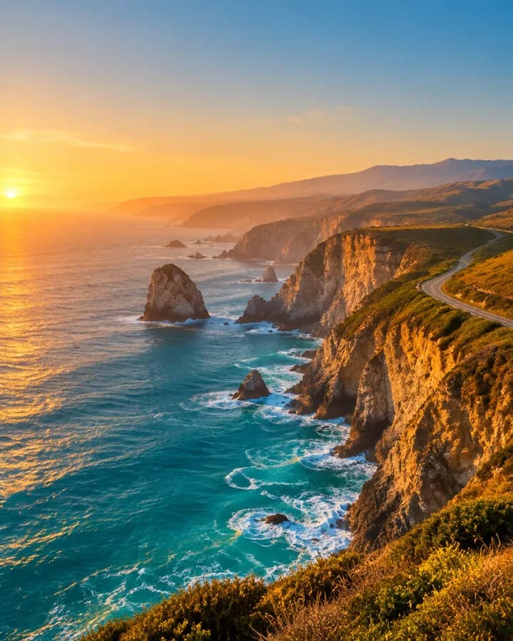 Sea cliffs and a winding coast road above turquoise water at golden hour.