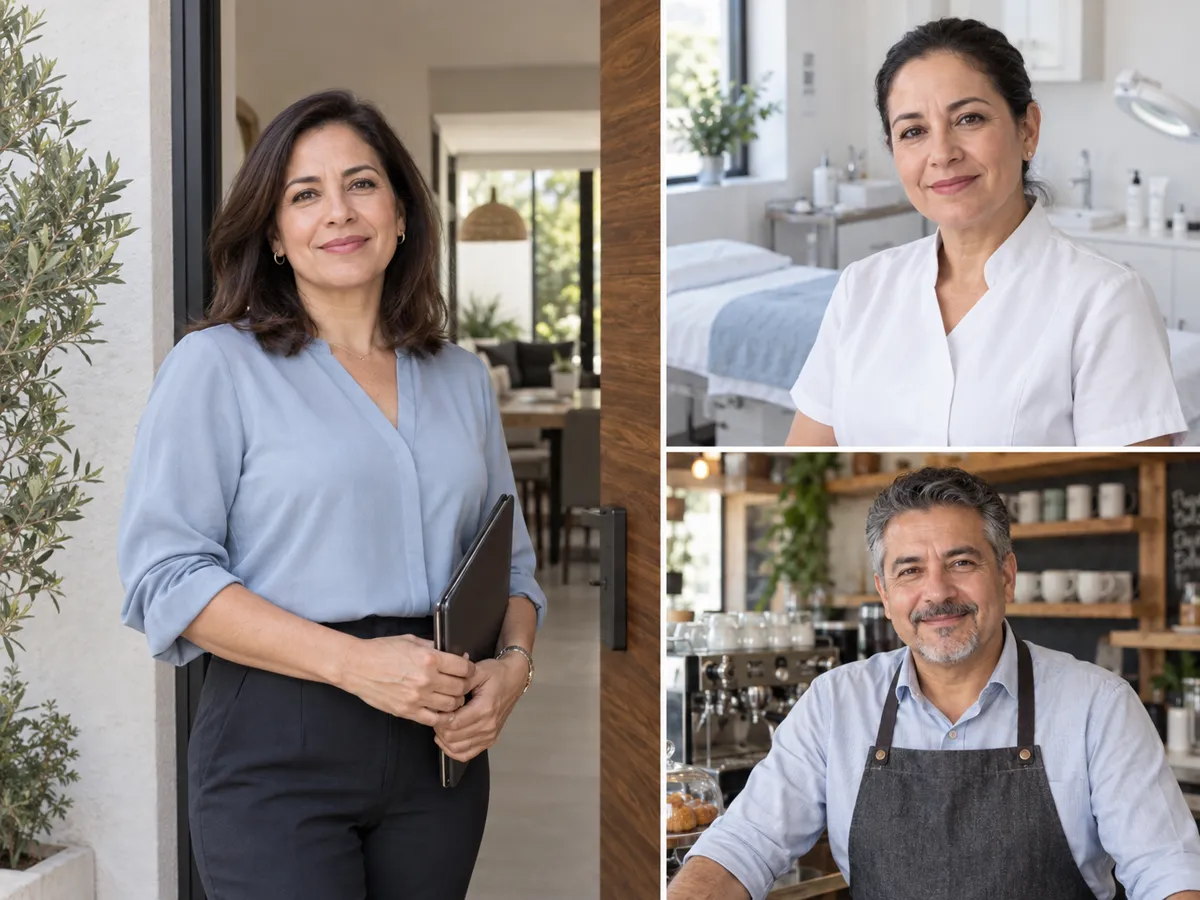 Three small business owners: a consultant at the door of her studio, a therapist in her treatment room, and a cafe owner behind his counter.