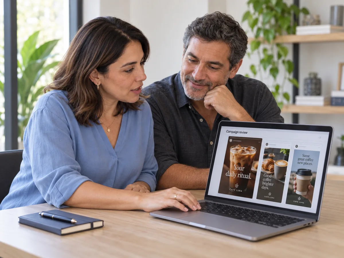 Two business owners at a laptop reviewing a campaign of three coffee-shop adverts together.