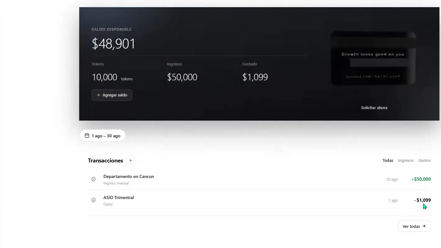 ASIO Bank overview showing an example available balance, token balance, recorded income, spending, and recent transactions.