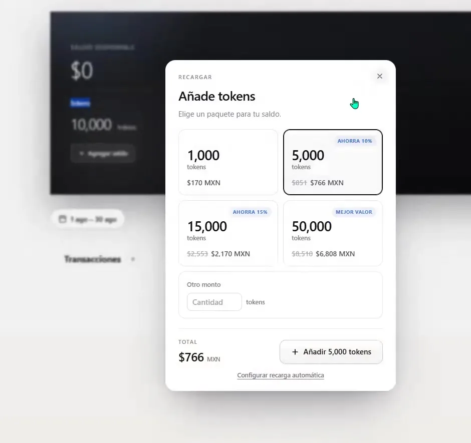 Ventana de Agregar tokens de ASIO con ejemplos de paquetes, descuentos, un campo de cantidad personalizada y el total de la compra.