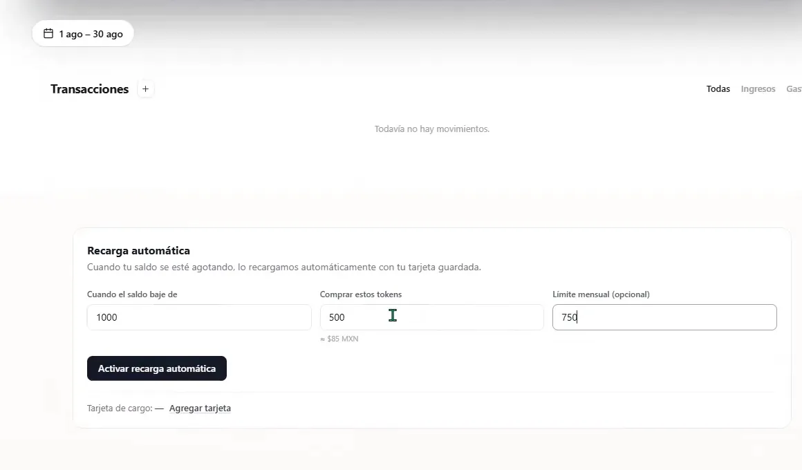 ASIO automatic recharge settings with fields for low-balance threshold, token quantity, optional monthly limit, payment card, and activation.