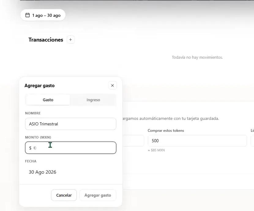 ASIO Add expense dialog with fields for transaction name, amount in MXN, and date.