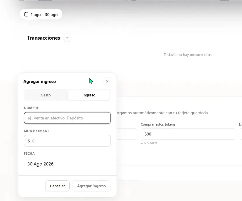 ASIO Add income dialog with fields for the income source, amount in MXN, and date.