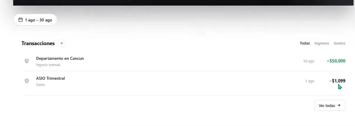 ASIO transaction list showing example income and expense entries, dates, amounts, filters, and the View all action.