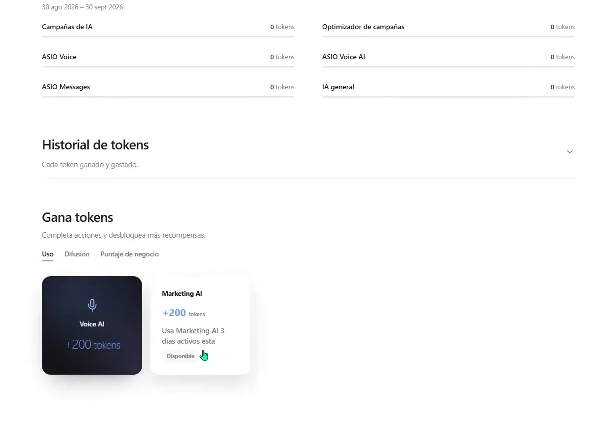 ASIO Tokens page with the Token history section and token-reward cards for using eligible ASIO tools.