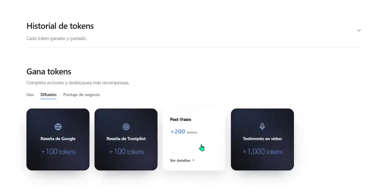 ASIO Earn tokens area showing example rewards for eligible reviews, an ASIO post, and a video testimonial.