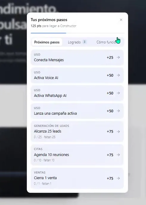 Panel de puntuación de ASIO con los siguientes pasos para conectar agentes, lanzar una campaña, generar leads, agendar reuniones y cerrar una venta.