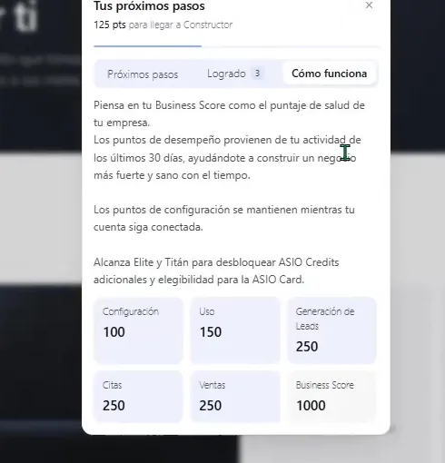 Pestaña Cómo funciona de ASIO, que explica la puntuación del negocio y los puntos de configuración, uso, generación de leads, reuniones y ventas.