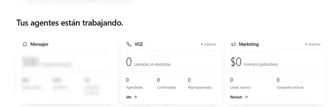 Tarjetas del Resumen de ASIO para Messages, Voice y Marketing con el estado del agente, las métricas de actividad y las acciones de Ver o Revisar.