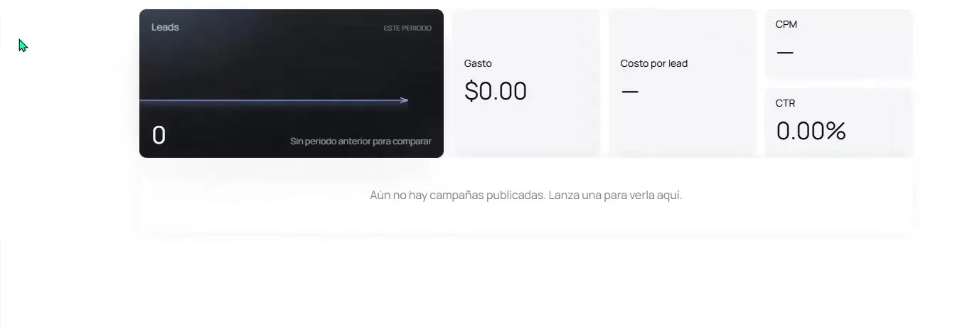 Pantalla de desempeño de Marketing de ASIO con tarjetas de ejemplo para leads, inversión publicitaria, costo por lead, CPM y CTR.
