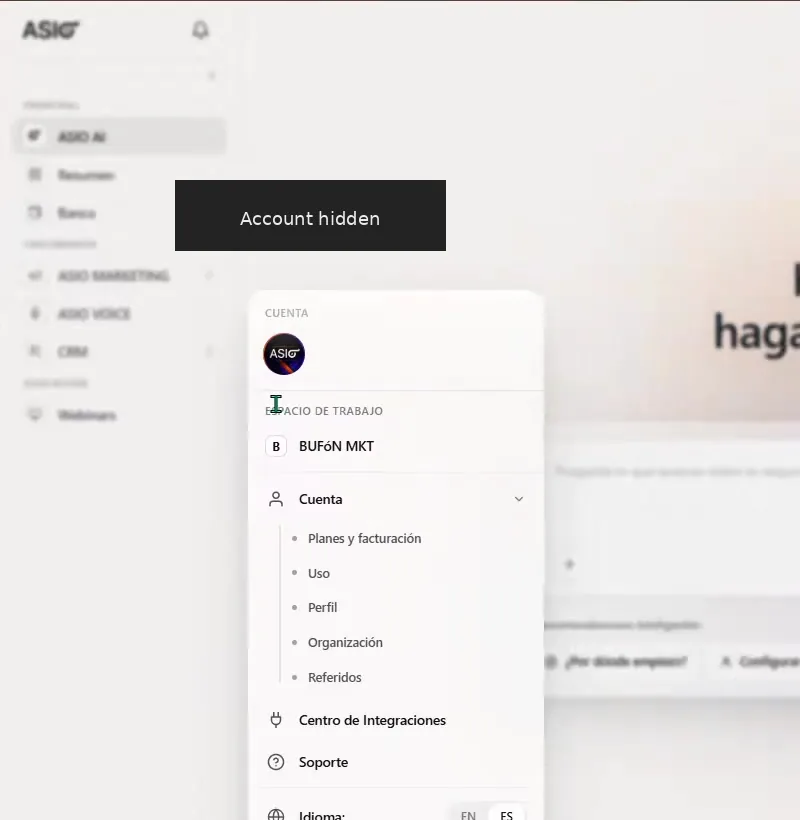 ASIO account menu with the Integration Center option highlighted and account details hidden.