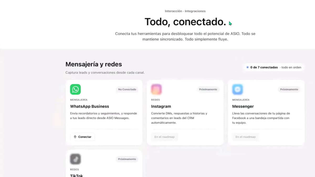 Vista general del Centro de integraciones de ASIO con las conexiones de mensajería y redes sociales.