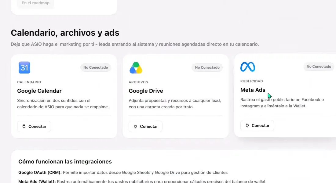 Tarjetas de integración de ASIO para Google Calendar, Google Drive y Meta Ads antes de conectarse.