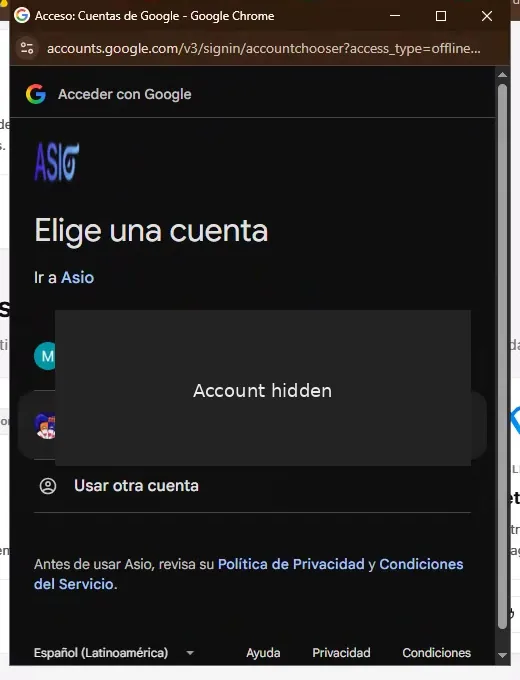 Selector de cuenta de Google para ASIO con los datos de la cuenta personal ocultos.