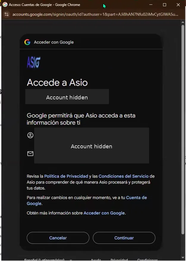 Pantalla de autorización de Google para ASIO con los datos de perfil y correo ocultos.