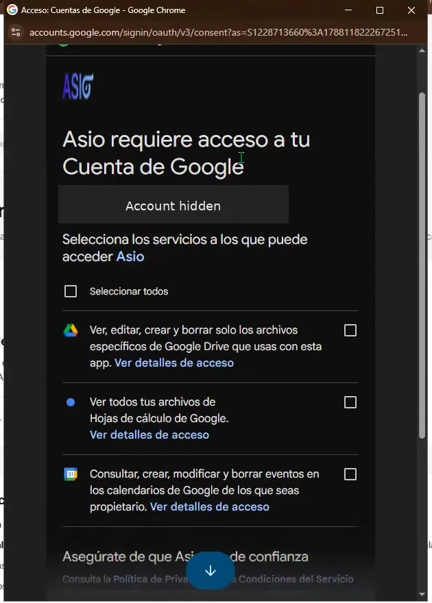 Pantalla de permisos de Google con los servicios de Drive, Sheets y Calendar y los datos de la cuenta ocultos.