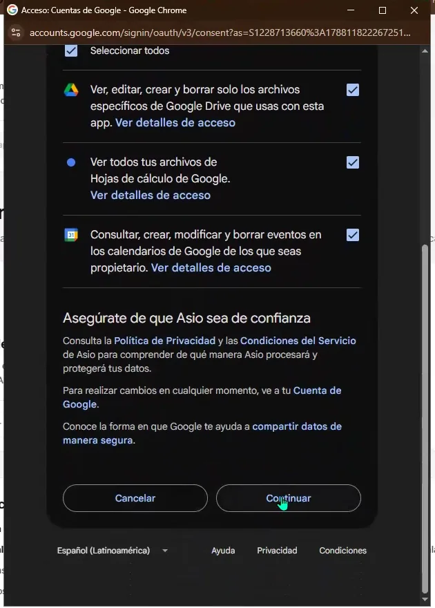 Google authorization screen with Drive, Sheets, and Calendar permissions selected and the Continue action visible.