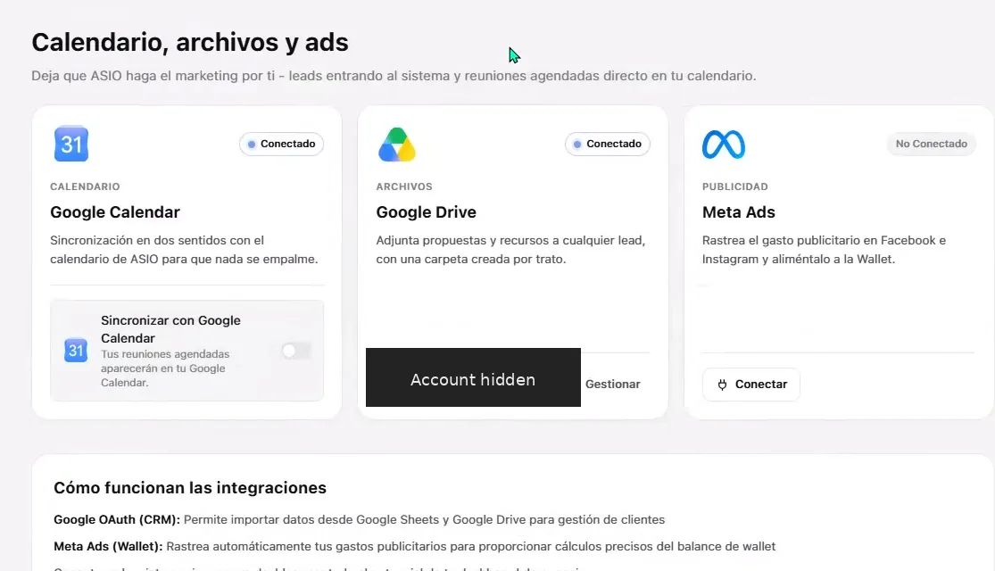 Centro de integraciones de ASIO con Google Calendar y Google Drive conectados, el identificador de la cuenta oculto, y Meta Ads por separado.
