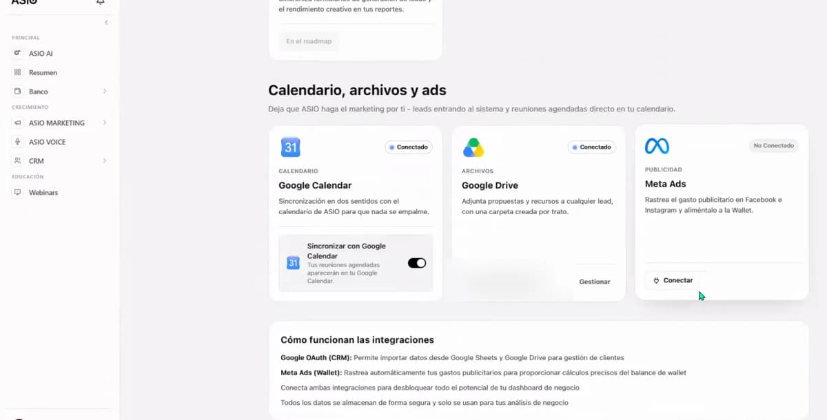 Centro de integraciones de ASIO con el botón Conectar de Meta Ads.