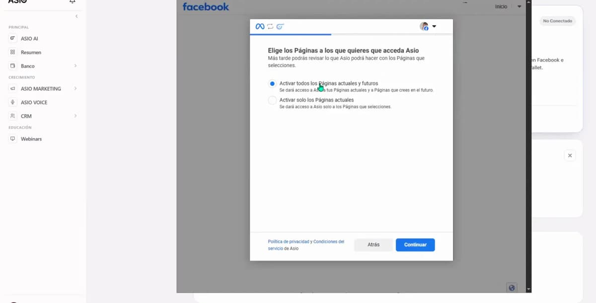 Ventana de autorización de Facebook que pregunta a qué páginas puede acceder ASIO.