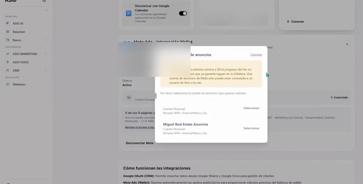 ASIO dialog listing a personal ad account and a business ad account.
