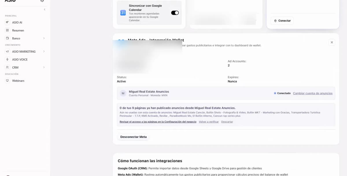 Integración de Meta Ads en ASIO con el estado activo y la cuenta publicitaria del negocio conectada.
