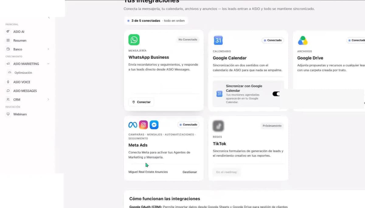 ASIO Integration Center with the WhatsApp Business connection card and connected Google integrations.