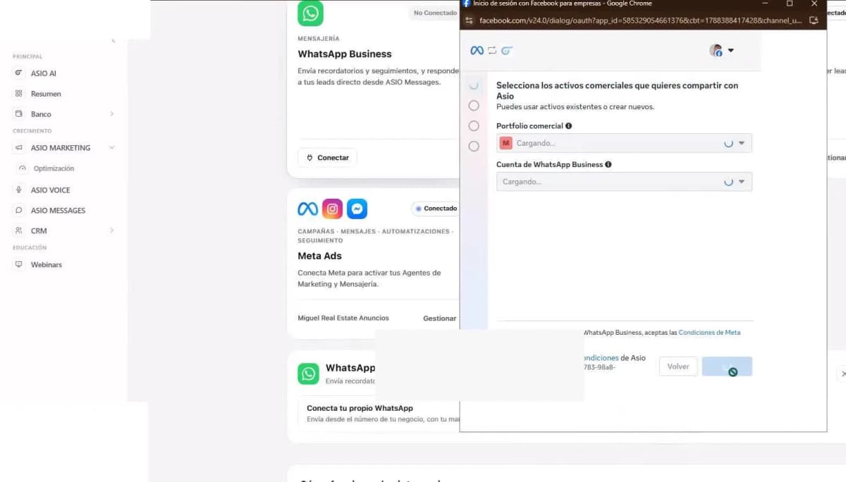Meta connection window for selecting the correct Business Portfolio and WhatsApp Business Account.