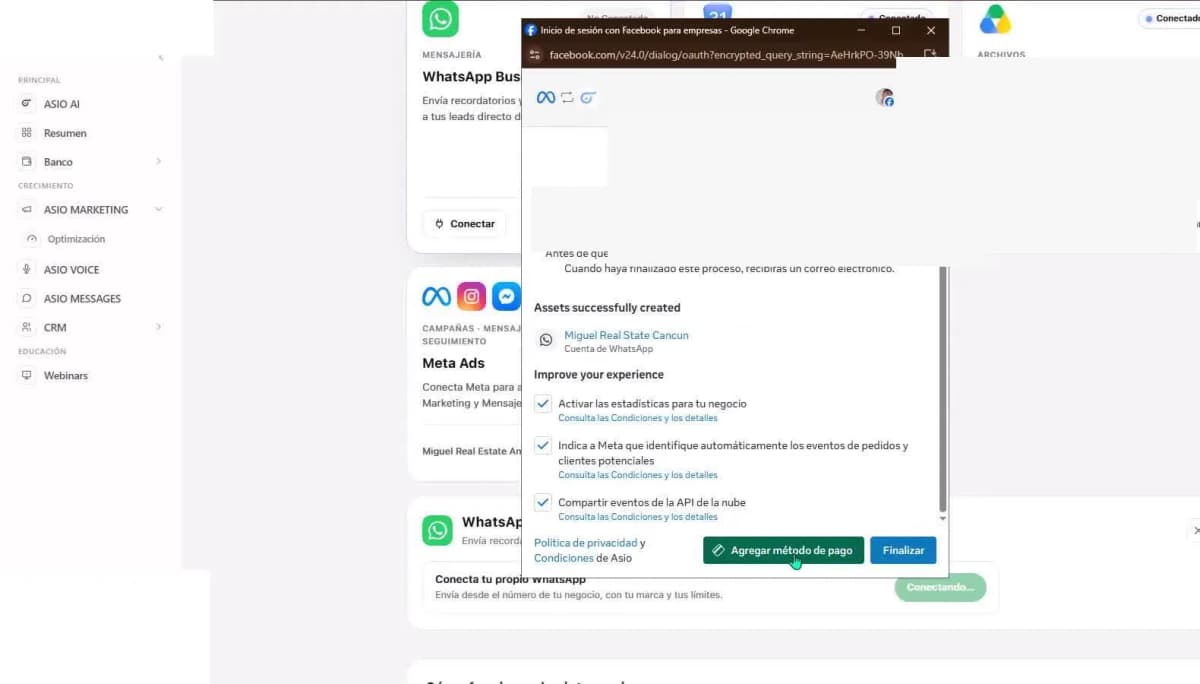 Meta confirmation screen with actions to add a payment method and finish the WhatsApp setup; private details are hidden.