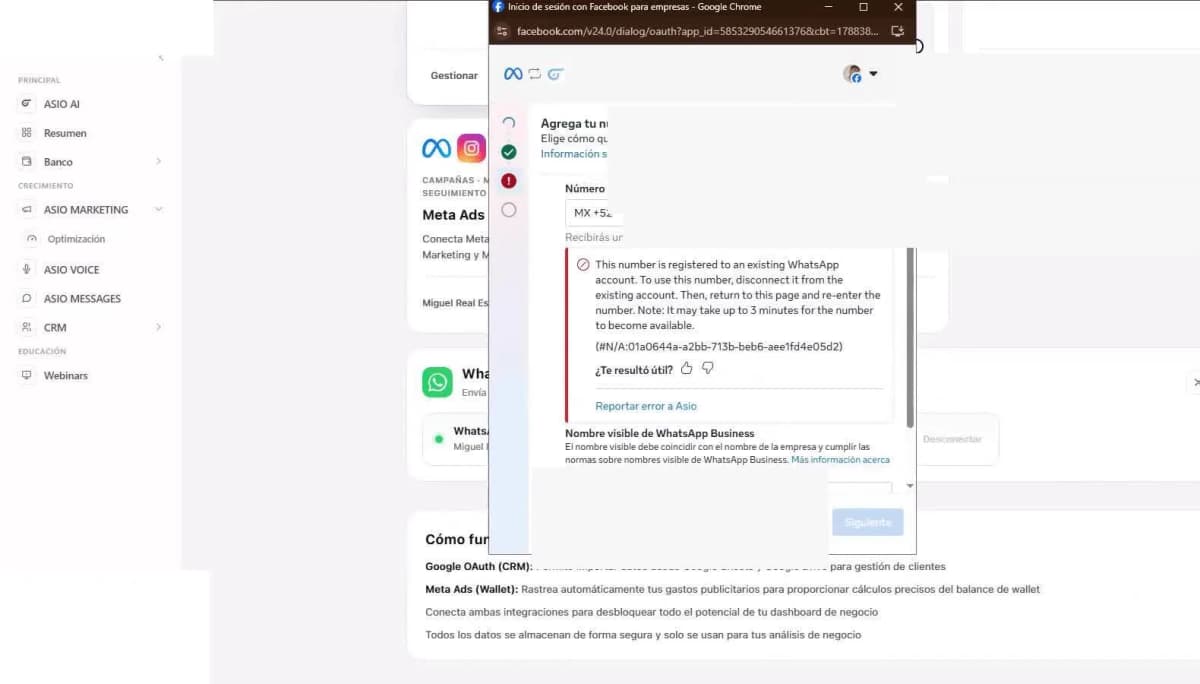 Meta warning that a phone number is already registered to an existing WhatsApp account; private details are hidden.