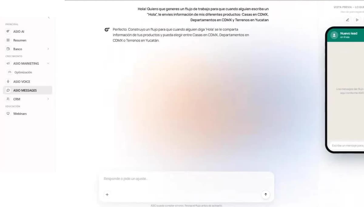 AI-generated ASIO Messages flow with a phone preview and controls to test, save, or continue editing.