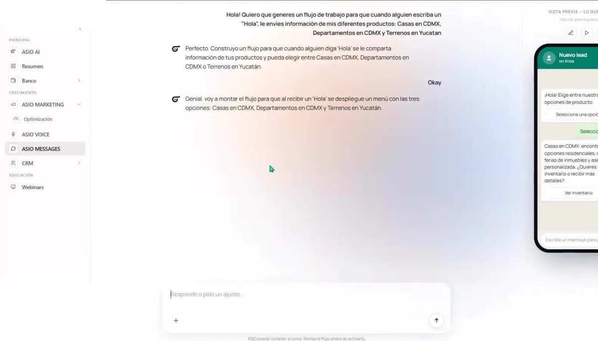A live WhatsApp test of the automated welcome message and selectable response options.