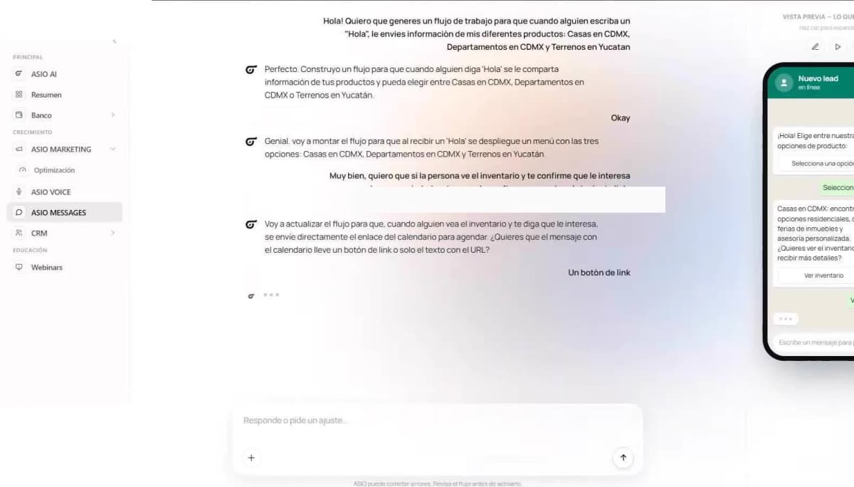 ASIO Messages refinement request asking the AI to add a Google Calendar booking link when a lead is interested.