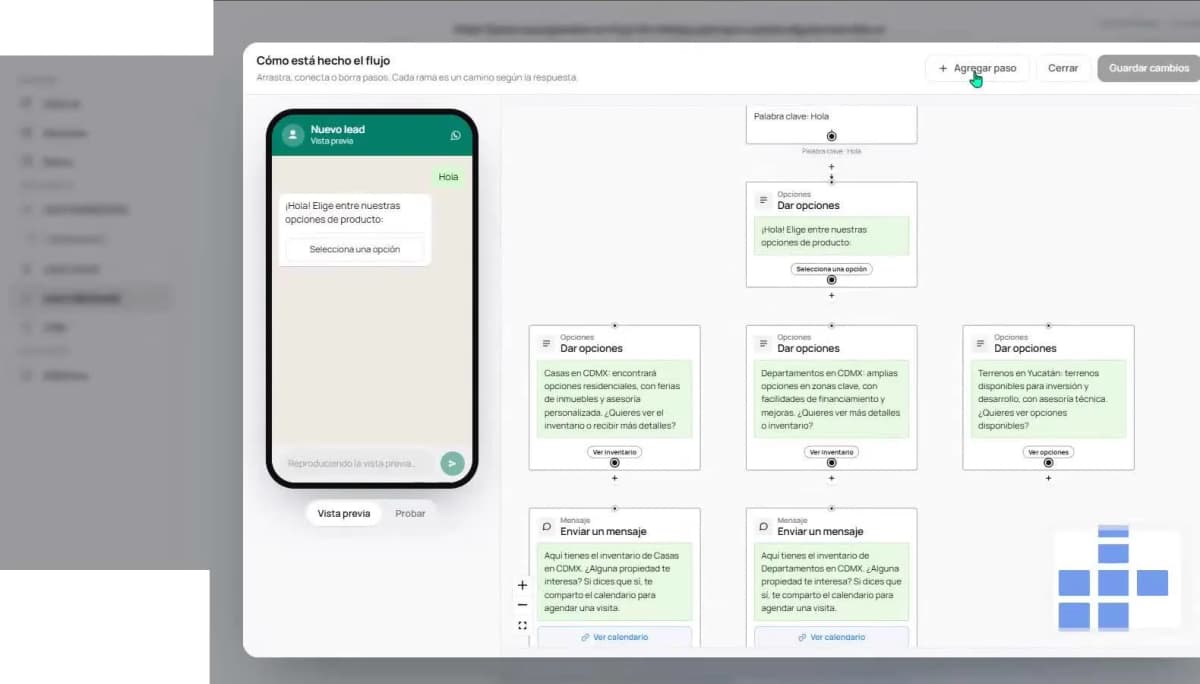 Visual flow editor with branch settings and the Add Step control for extending a conversation path.