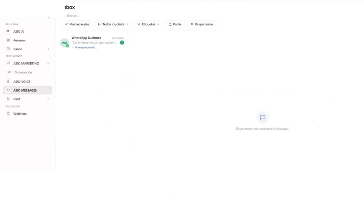 ASIO Messages Inbox with filters for channel, chat, label, date, and responsible person.