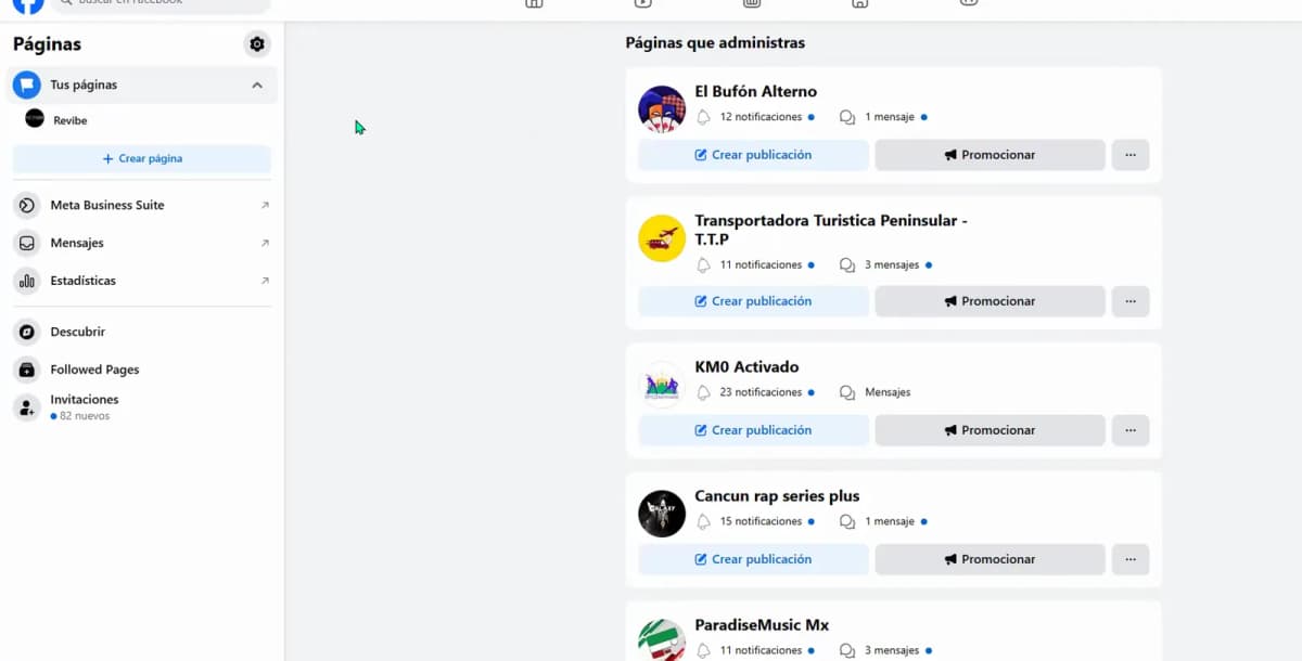 Facebook Pages screen with the Create new Page option in the left menu.
