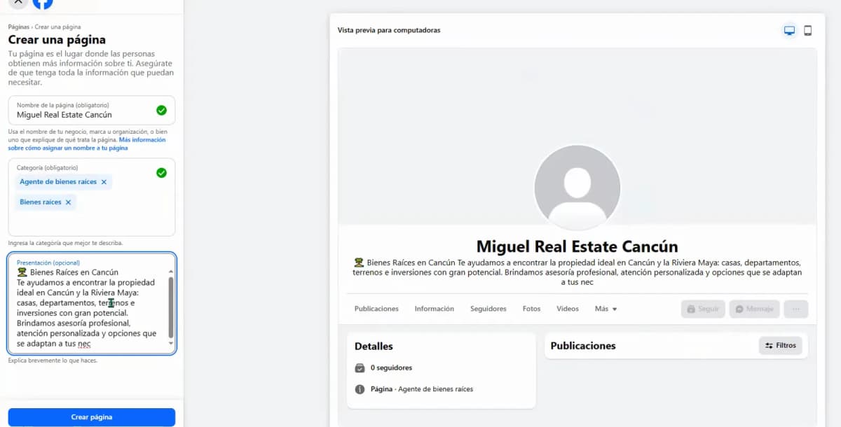 Pantalla Crear una página de Facebook con la lista de configuración y la vista previa de la página.