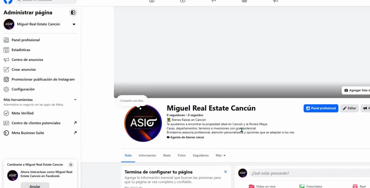 Completed example Facebook business Page with profile image and business controls.