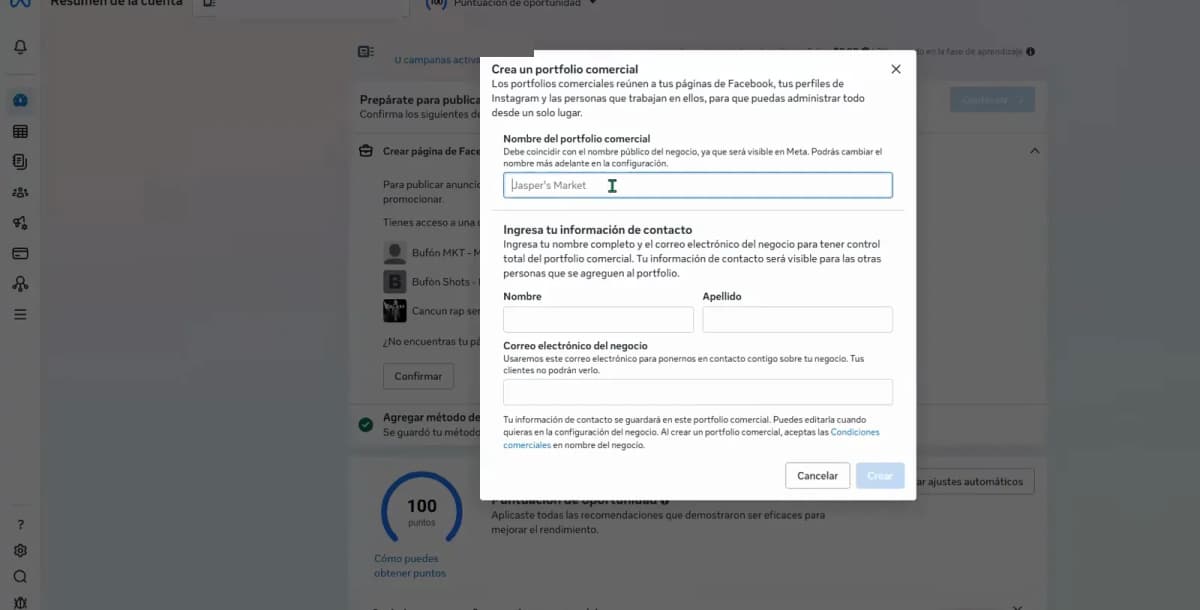 Ventana de Meta para crear un portafolio comercial y escribir la información de contacto.