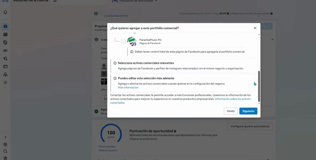 Ventana de Meta que pregunta qué página de Facebook se debe agregar al portafolio comercial.