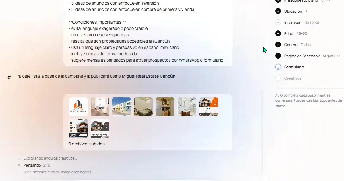 ASIO Marketing conversation showing uploaded business assets as thumbnails beside the live campaign brief.