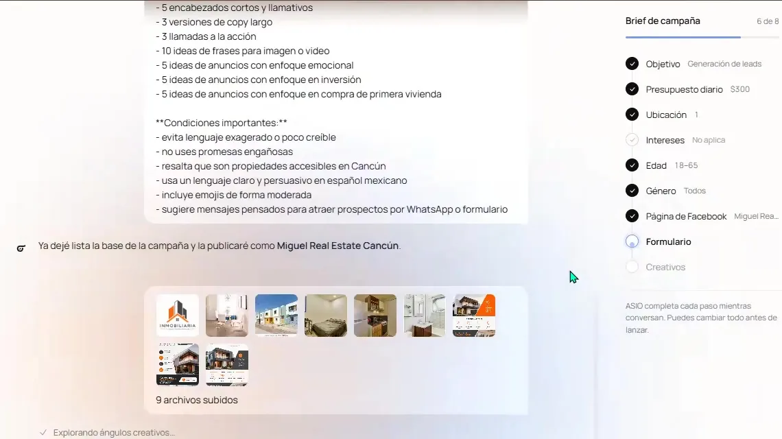 ASIO Marketing brief showing an example lead objective, daily budget, location, audience settings, Facebook Page, form and creatives.