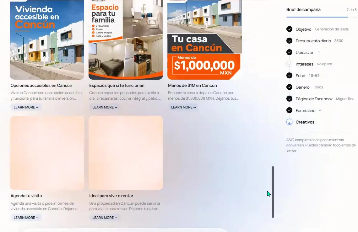 ASIO Marketing displaying generated ad concepts with campaign settings visible in the brief.
