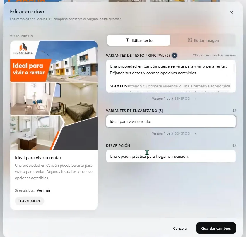 ASIO creative editor showing primary-text variants, headline, description, preview and Save changes.