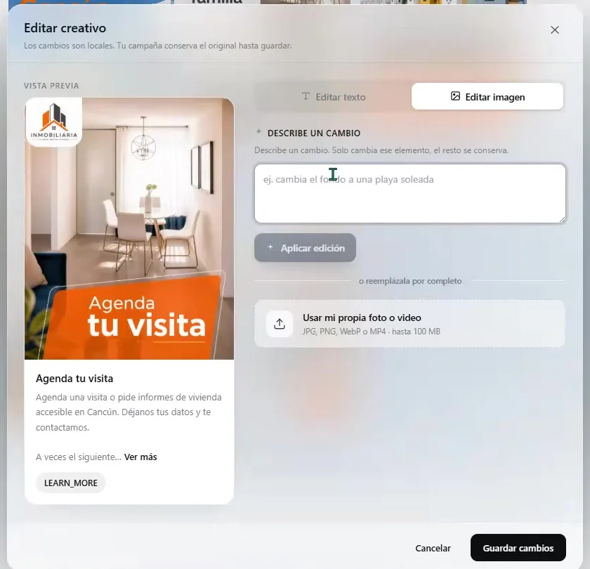 ASIO creative editor with a prompt for an image change and an option to upload a replacement image or video.